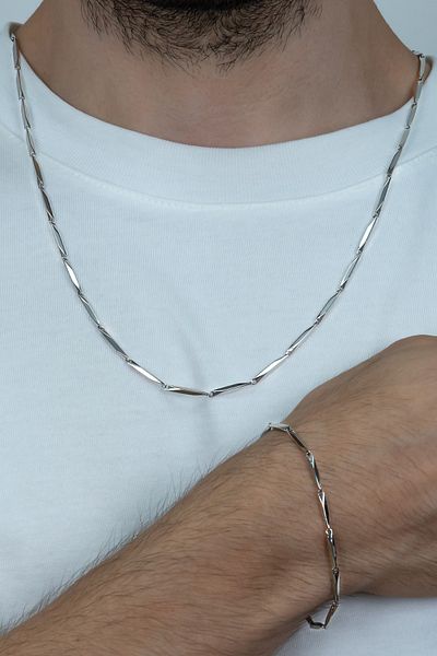 Takı Dükkanı Cube Triangle Model Steel Men's Necklace and Bracelet Set Eck38s