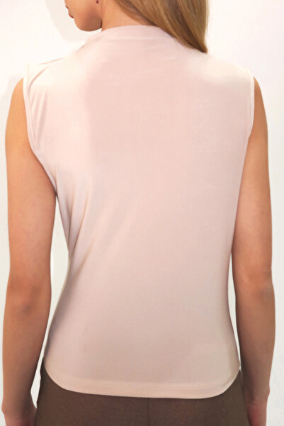 VAGGON Γυναικεία μπεζ όρθια μπλούζα με ντραπέ ώμου αμάνικη άμμο