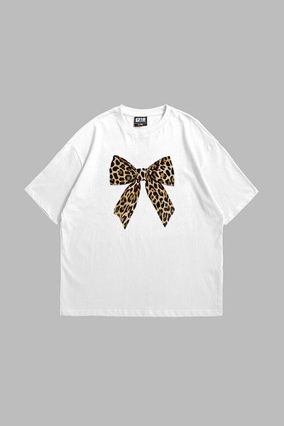 Bak Moda Φιόγκος Leopard Printed 24/1 Oversize Unisex Λευκό Tshirt