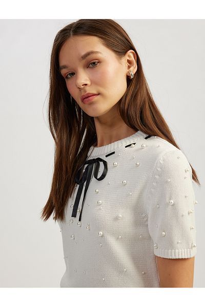 Koton Pearl Detailed Short Sleeve Crew Neck Bow Knitwear Sweater