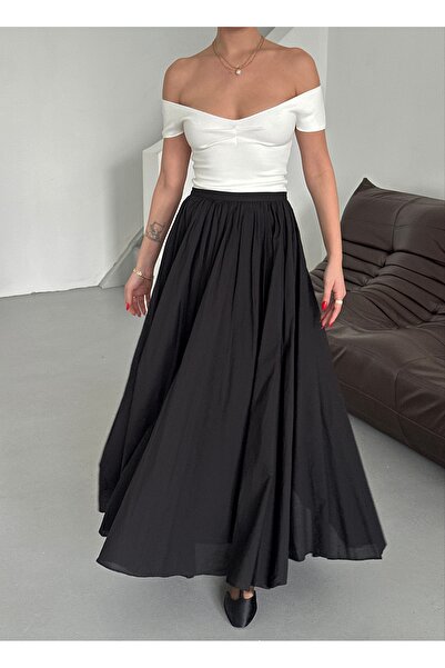Laluvia Black Tight Pleated Lined Long Skirt - 5079