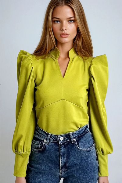 VAGGON Γυναικεία Oil Green Judge Collar Princess Sleeve υφαντή μπλούζα Crop