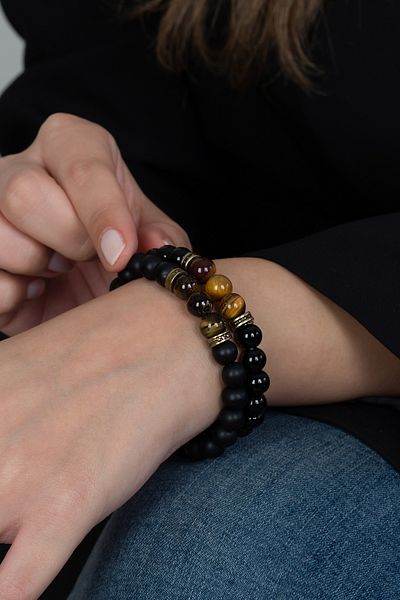 Takı Dükkanı 2 Pieces Shiny Matte Onyx Turtle Eye Jewelled Unisex Bracelet Pair Okbpm