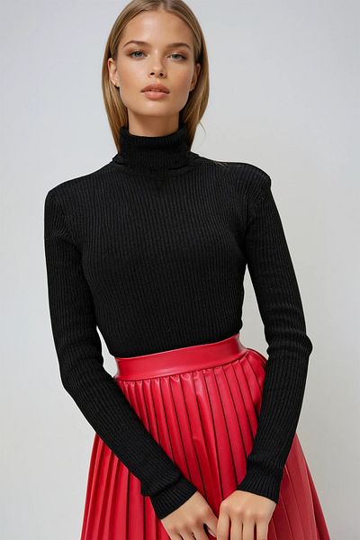 VAGGON Pulover de damă negru cu guler tricotat cu nervuri