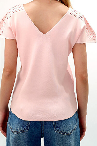 VAGGON Γυναικεία ροζ μπλούζα μπλούζα με λαιμόκοψη V με λαιμόκοψη με ανοιχτό ώμο Prmx13381