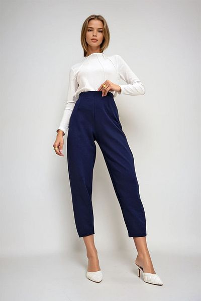 VAGGON Women's Navy Blue High Waist Collet Flowy Crepe Knitted Trousers