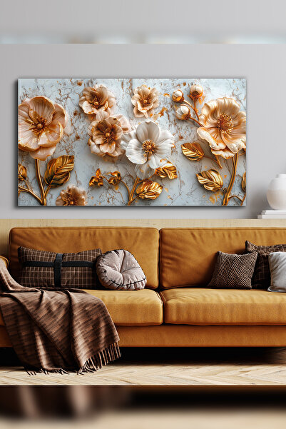 Evinemoda Three Dimensional Appearance Gold Detailed Flowers One Piece Canvas - Canvas Painting