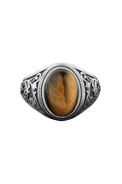 Bysilverstone El Yapımı Oksitli Oval Doğal Kaplan Gözü Taşlı Gümüş Erkek Yüzük