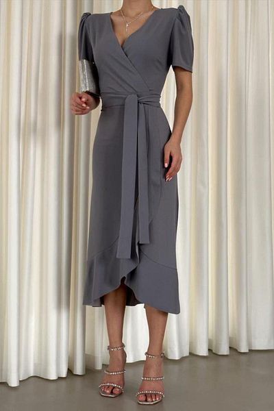 Mossta Flounces Belted Double Breasted Neckline Midi Dress Gray 581811