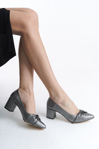 Deri Expres Women's Thick Heeled Pointed Toe Classic Stone Evening Dress Shoes