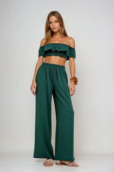 VAGGON Σμαραγδένια Πράσινη Μαντόνα γιακά Crop Μπλούζα και Παντελόνι Palazzo - Υφαντό Σετ