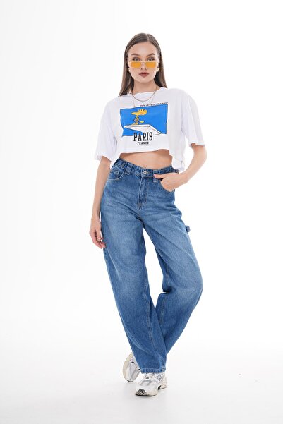 ŞİMAL Жіночий футболка з принтом спереду, велосипедний комір, вільний крій 250124 -