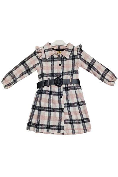 İrem Çocuk Giyim Girl's Button Closure Belted Plaid Print Powder Color Lumberjack Dress