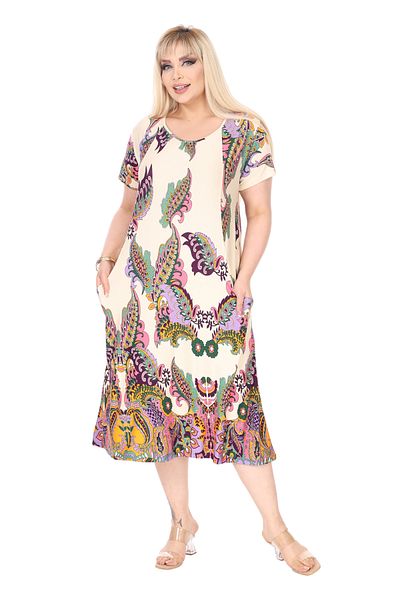 MELSAY Women's Short Sleeve Plus Size Ecru Shawl Pattern Standard Fit Viscose Dress Size Range 44-52