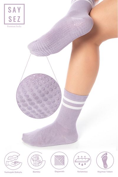 SAYSEZ Bamboo Women's Anti-Slip Sole Silicone Print Pilates Yoga Fitness Dance Activity Lilac Purple Tennis Sock