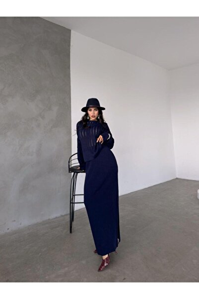 stg spor toptan giyim Set de femei cu pulover din tricot decoltat bleumarin ș...