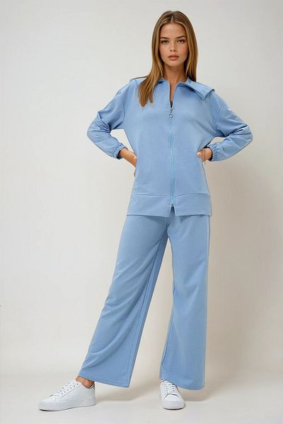 VAGGON Set dublu de tunică și pantaloni de sezon pentru femei, albastru cer, guler marinar cu fermoar