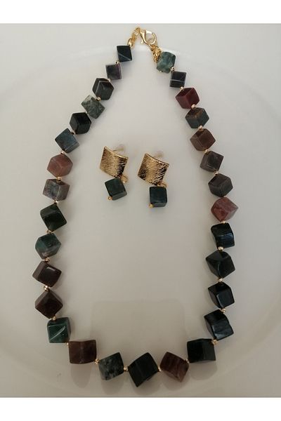 LemaStone Natural Stone Necklace and Earring Set(Aa Quality Indian Agate Stone)