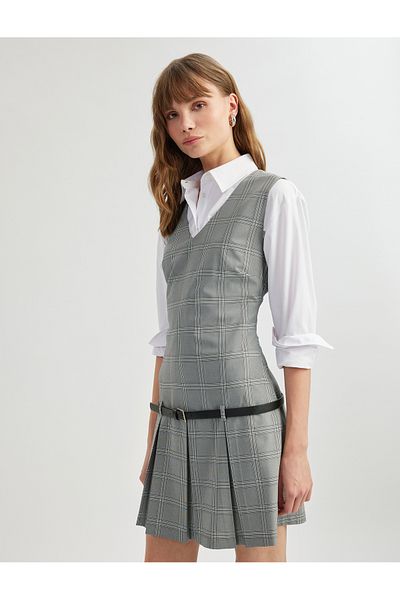 Koton Ζώνη Αμάνικο V λαιμόκοψη Πλισέ Μίνι Πλισέ Gilet Φόρεμα