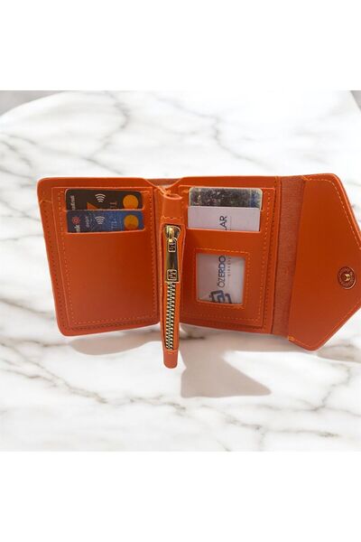 şeffafavm Women's Soft Leather Stylish Orange Wallet Card Holder Accessory with Snap Fasteners and Zipper