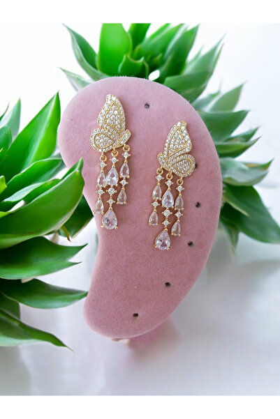 zeynep Z&D Accessory 316L Gold Çelik Kararmaz Zirkon Taşlı Kelebek Küpe