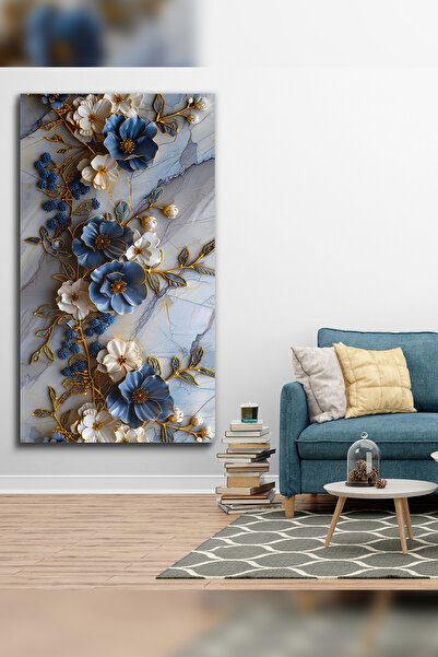 Evinemoda Mavi Beyaz Çiçekler Tek Parça Kanvas - Canvas Tablo