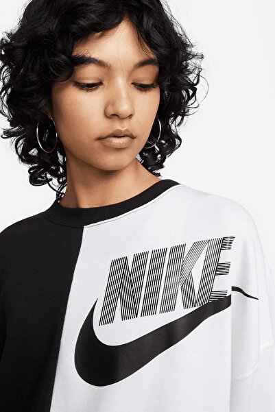 Nike Sportswear Crew Oversize Hanorac Femei Wide Fit Hanorac Negru Alb