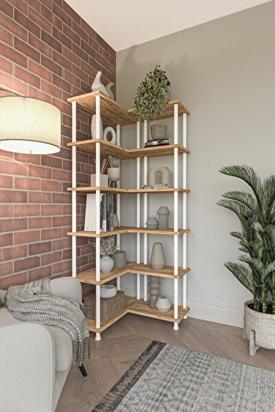 Mobitopya Çevir Kur Atlantik Çam Köşe Kitaplık | Çok Amaçlı Dekoratif Raf Ünitesi 71×74×177 Cm