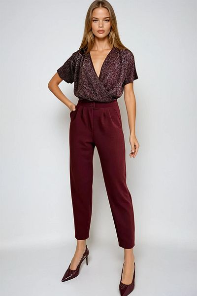 VAGGON Pantaloni morcovi cu talie înaltă de damă Bordeaux