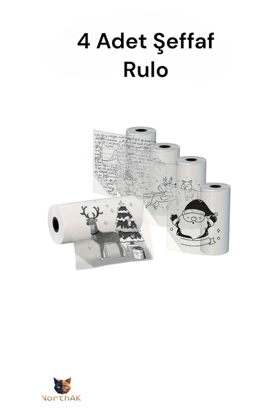 NorthAK Mini Yazıcı Rulosu Şeffaf 4 Adet Yapışkanlı 57x25mm rulo Ebatı