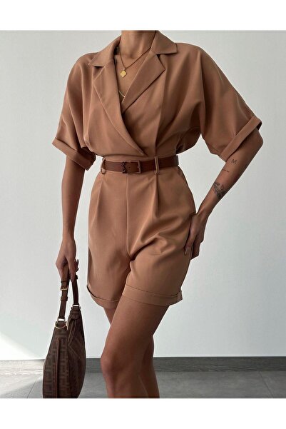 Genel Markalar Kadın Kahverengi Atlas Kumaş Şort Tulum