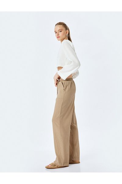 Koton Wide Leg Pocket Viscose Blended Trousers with Lace-Up Waist