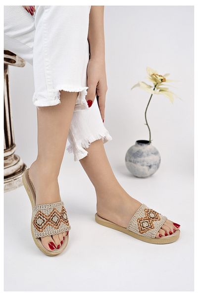 Modafırsat Women's Casual Slippers Tan Knit Lace Knitwear Straw Knitted Stylish Summer Home Beach Vacation Street Slippers