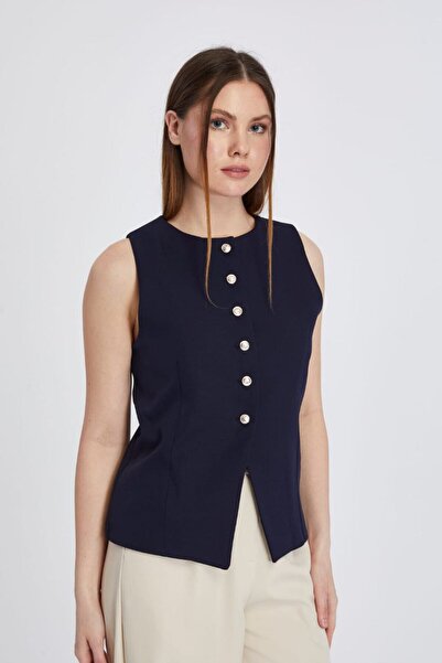 Byelmira Women's Multi-Button Detailed Navy Blue Vest