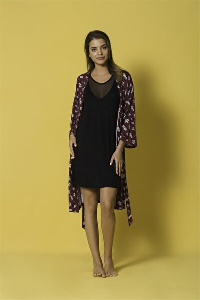 MONAMİSE Monamise 18157 Γυναικείο Βουργουνδί Νυχτικό Σετ Νεγκλιζέ