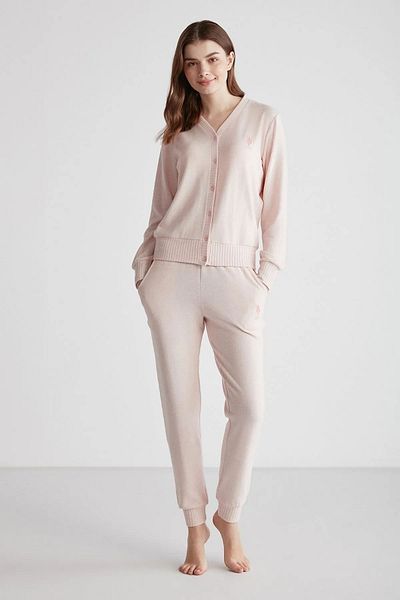 U.S. Polo Assn. 16956 Set de pijamale cu mânecă lungă, cu decolteu în V, roz Melange, cu nasturi în față