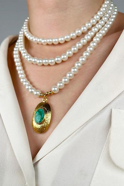 Sose Moda Green Three Rows Pearl Design Gold Plated Necklace