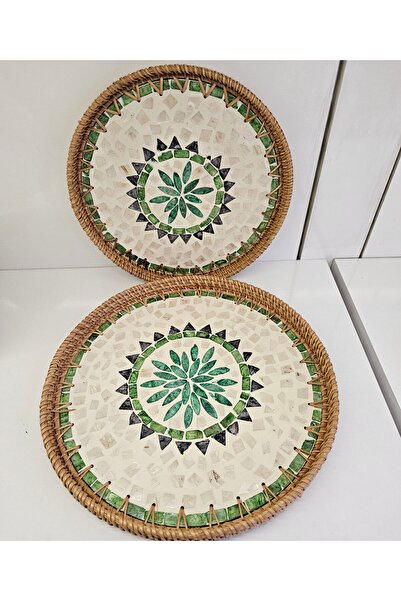 ALANYA HOME DECOR MOTHER OF PEARL/WICKER TRAY SET OF 2 30 cm + 35 cm SEDEF/HASIR TEPSİ 2 Lİ SET 30 cm + 35 cm