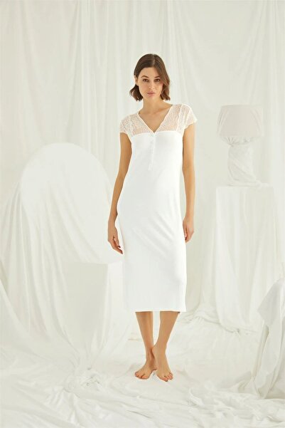 MONAMİSE Γυναικείο νυχτικό με δαντέλα στο μπροστινό μέρος και κουμπιά στον αυ...