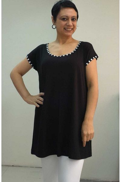 Mertcan Butik Black Low Sleeve T-Shirt with Black and White Piping Detailed Whole Size