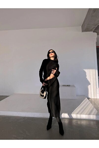 stg spor toptan giyim Set de pulover și fustă din tricot cu rupturi negre pentru femei