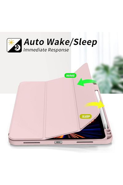 AWH iPad Pro 12.9 Case with Pencil Holder 2021/2020, Slim Trifold Stand, Auto Sleep/Wake, Pink