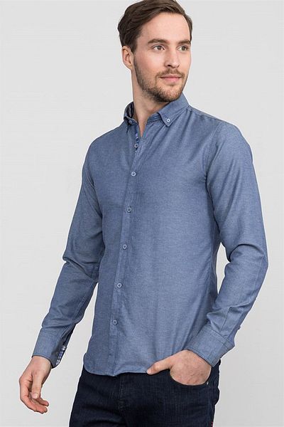 Tudors Navy Blue ανδρικό πουκάμισο Oxford - λεπτή εφαρμογή, μακρύ μανίκι, γιακάς με κουμπιά