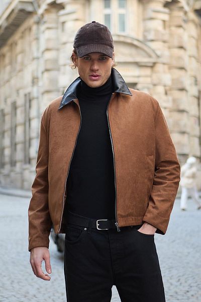 Danger Ανδρικό δερμάτινο παλτό με λεπτομέρειες Suede Tan Jacket