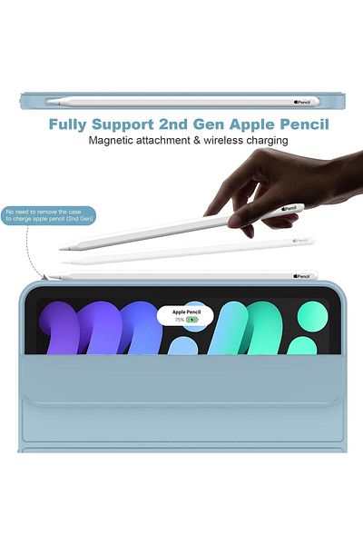 AWH حافظة iPad Mini 6 مقاس 8.3 بوصة 2021 مع حامل قلم وحامل ثلاثي الطيات وخاصية الإيقاظ/السكون التلقائي - أزرق فاتح