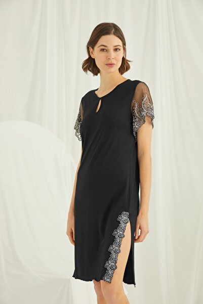 MONAMİSE Women'S, Neckline Detailed Brode Lace Slit, Black Nightgown