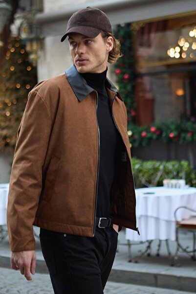 Danger Мъжко кожено яке с детайли от велур в кафяво