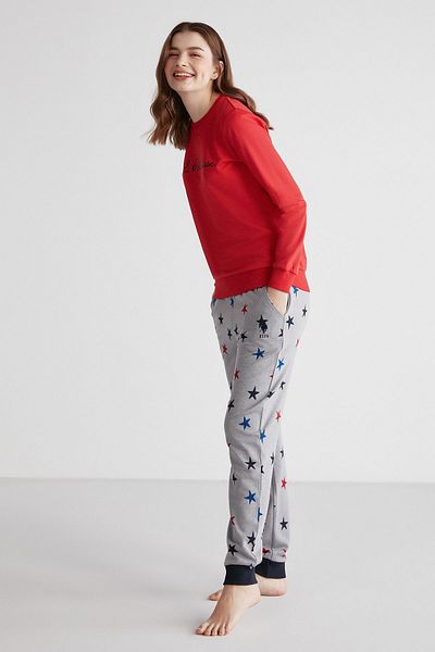 U.S. Polo Assn. 16958 Women's Red Round Neck Long Sleeve Pajamas Set