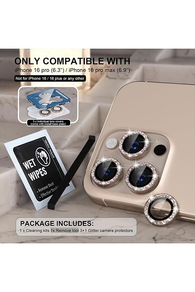 AWH iPhone 16 Pro/Pro Max Camera Lens Protector Bling, 9H Tempered Glass, Glitter-Titanium Desert