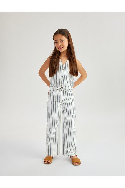 Koton Cotton Button Detailed V-Neck Striped Crop Vest